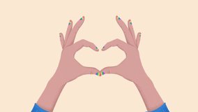 Two hands with colorful rainbow-painted nails forming a heart shape on a soft beige background. Perfect for love, diversity, pride, unity, self-expression, inclusivity, equality, and lifestyle themes. - Powered by Shutterstock - Get 15% off with code: PIKWIZARD15