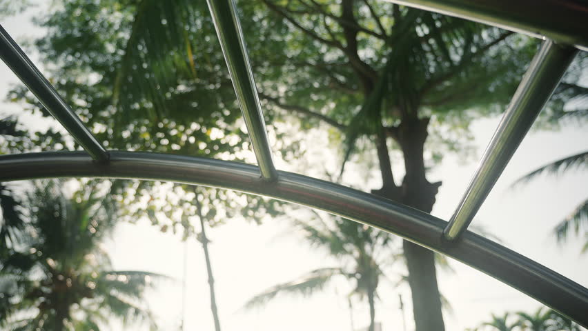 sun shines through the trees onto a metal outdoor workout area. Close up Vertical Ladder for Outdoor Sport
