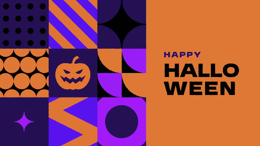 Happy Halloween greeting card animation with geometric abstract pattern.