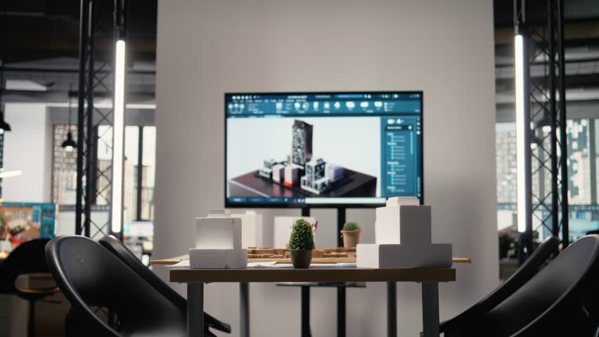 Empty modern office prepared for real estate meetings and planning sessions, showcasing blueprints, 3D models and architectural software used for property investment projects. - Powered by Shutterstock - Get 15% off with code: PIKWIZARD15