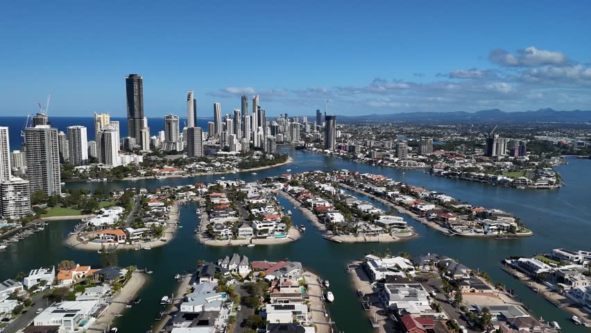 Gold Coast, Queensland, Australia, Sep 5, 2025: 4K Aerial Drone Footage featuring City Skyline, Surfers Paradise Towers, Golden Beaches, Marina, Boats, Luxury Homes, Waterfront Estates and the Pacific