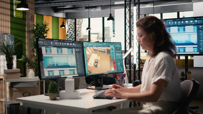 Real estate developer reviews architectural layouts on dual monitors, planning interior design structure for commercial property projects. Site preparation on digital software. Camera A.
