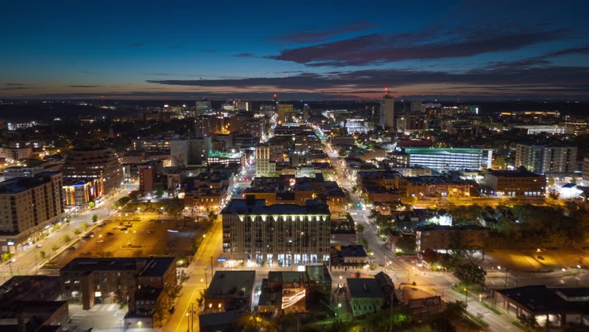 Ann Arbor, Michigan, USA college town skyline at twilight.