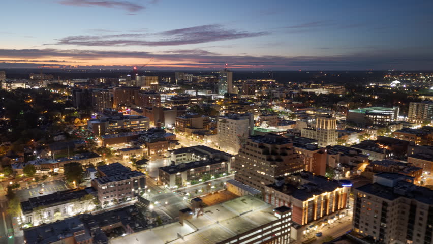 Ann Arbor, Michigan, USA college town skyline at twilight.
