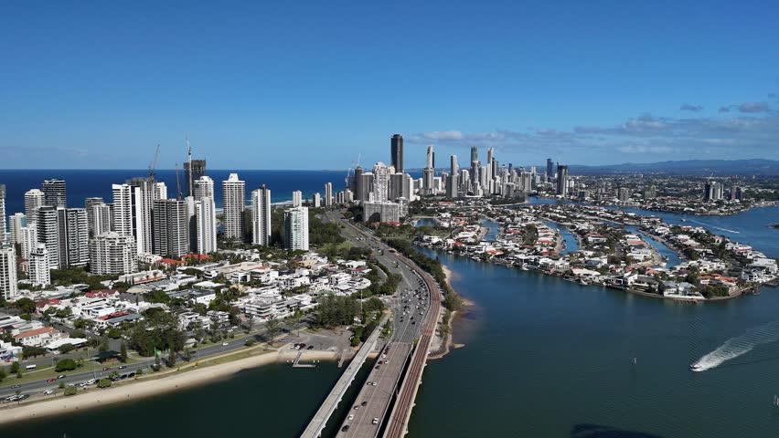 Gold Coast, Queensland, Australia, Sep 5, 2025: 4K Aerial Drone Footage featuring City Skyline, Surfers Paradise Towers, Golden Beaches, Marina, Boats, Luxury Homes, Waterfront Estates and the Pacific