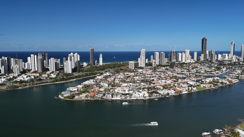 Gold Coast, Queensland, Australia, Sep 5, 2025: 4K Aerial Drone Footage featuring City Skyline, Surfers Paradise Towers, Golden Beaches, Marina, Boats, Luxury Homes, Waterfront Estates and the Pacific