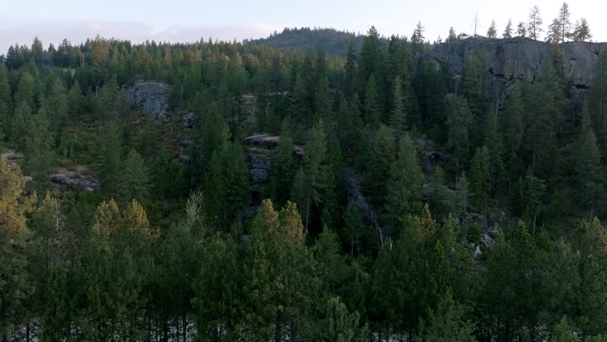 Jagged rocky outcrops peek through evergreen forests in Priest River, Idaho, where morning light reveals the rugged textures of the untamed mountain wilderness.