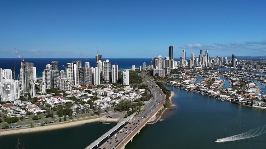 Gold Coast, Queensland, Australia, Sep 5, 2025: 4K Aerial Drone Footage featuring City Skyline, Surfers Paradise Towers, Golden Beaches, Marina, Boats, Luxury Homes, Waterfront Estates and the Pacific