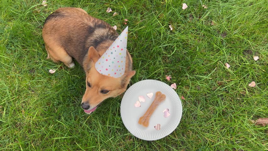  A Dog Wearing Star Hat at Birthday with Treats on Plate, glittery pink confetti on ground. a pet birthday celebration outdoors.