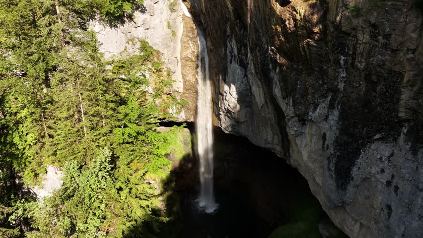 Aerial View Of Berglistuber Waterfall In Glarus Sud, Switzerland.
