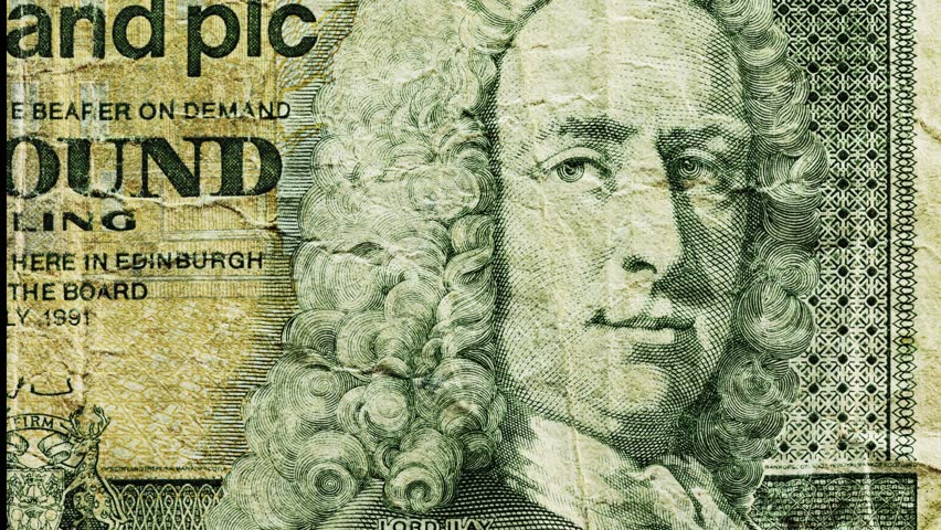 Close pan across Scottish pound sterling banknote portrait with English text
