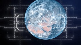 View of planet Earth from space with alien or futuristic HUD interface scanning surface, sci-fi concept for global surveillance or space exploration - Powered by Shutterstock - Get 15% off with code: PIKWIZARD15