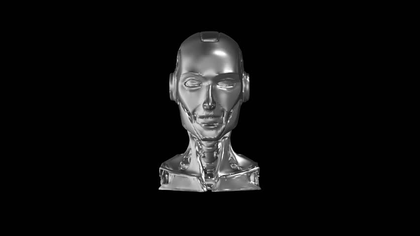 Futuristic Metallic Robot Sculpture with Detailed Facial Features and Technological Aesthetic