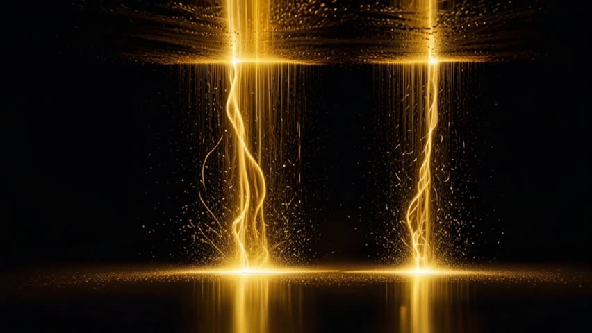 This video features two striking columns of bright, golden light, resembling liquid gold or molten energy, raining down into a reflective pool of water below.