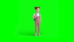 3D Cartoon Young Schoolgirl With Backpack Standing on Green Background Waving Hand Happily. - Powered by Shutterstock - Get 15% off with code: PIKWIZARD15