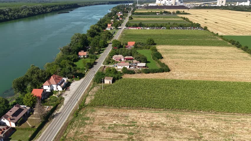 Drone Shot of Coal Fired Power Plant in Plain Landscape. Termoelektrana Nikola Tesla, Obrenovac, Serbia