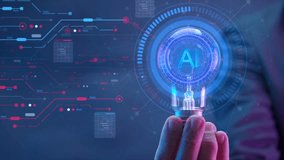 Businessman hand showing AI artificial intelligence icon in glowing light bulb. Machine learning concept, big data, innovation technology, cloud computing, futuristic, internet network communication. - Powered by Shutterstock - Get 15% off with code: PIKWIZARD15