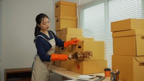 Small business owner dusting cardboard boxes in a storage room, maintaining a clean and organized workspace - Powered by Shutterstock - Get 15% off with code: PIKWIZARD15