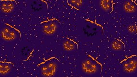 4K seamless Halloween animation featuring glowing jack-o’-lantern faces and scattered orange dots on a dark purple background, creating spooky looping pattern perfect for festive designs and backdrop. - Powered by Shutterstock - Get 15% off with code: PIKWIZARD15