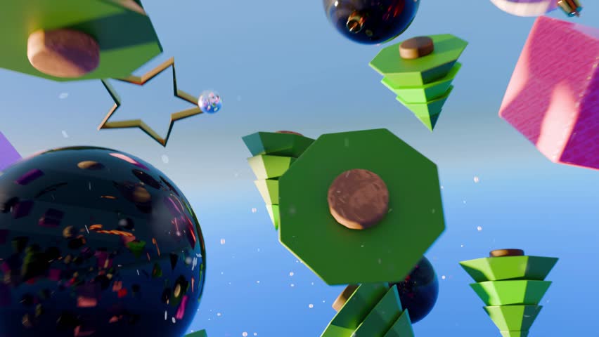 3D animation of festive Christmas composition with shiny decorations, gifts, trees, and ornaments. Dynamic camera flight through colorful New Year symbols in a magical holiday atmosphere. - Powered by Shutterstock - Get 15% off with code: PIKWIZARD15