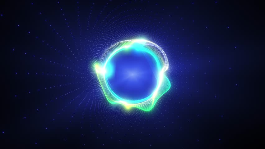 Abstract glowing sound wave circle with neon light effects on dark background. Futuristic visualization of audio spectrum, energy pulse, and digital rhythm for music and technology concepts