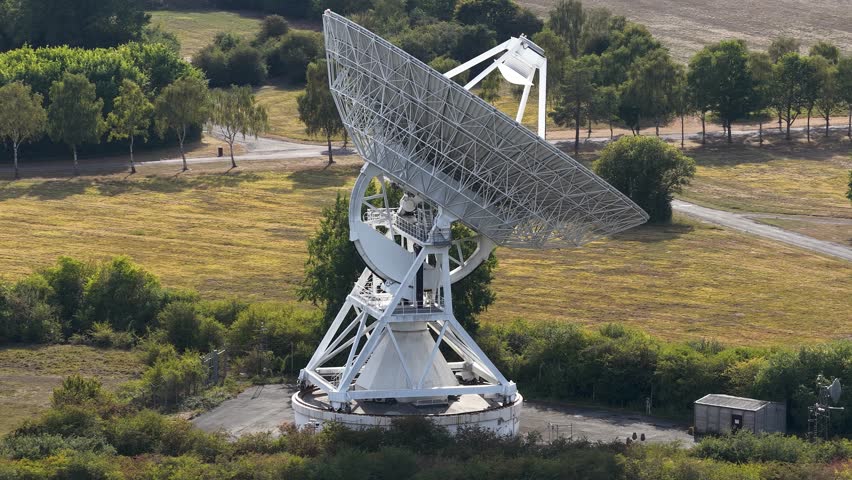 Radio Telescope At The Mullard Radio Astronomy Observatory In Cambridge, United Kingdom - Drone Shot