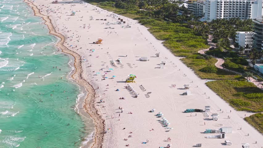 Drone Shot of South Beach, Miami Florida USA, White Sand and Turquoise Ocean