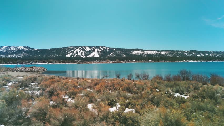 Big Bear Lake Of The San Bernardino National Forest Near Los Angeles, California, USA. Aerial Dolly Shot