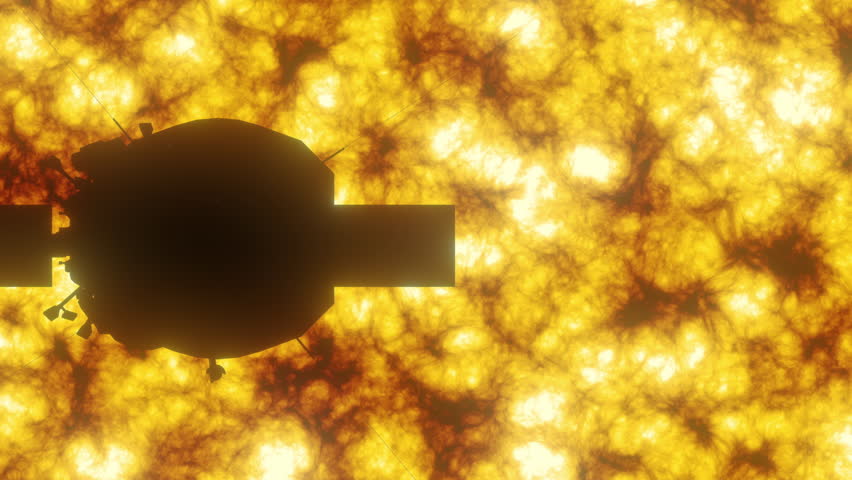 Highly Detailed View of Parker Solar Probe Traversing Surface of the Sun with Heat Shield Protecting Scientific Instruments On Board Gathering Data About Star Activity. Hot Corona.