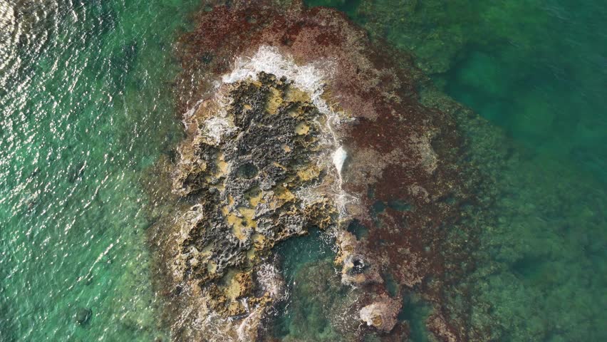 Aerial Top View of Rocky Islet in the Adriatic Sea with Waves Crashing Against the Shore, Apulia, Italy