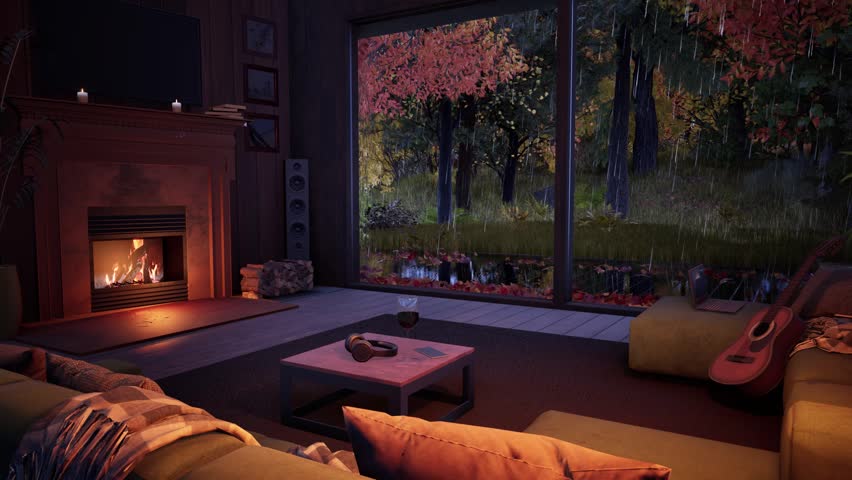 Cozy autumn atmosphere in a forest, modern house with a burning, warm fireplace and a view of the autumn, rainy forest. 3D animation background. - Powered by Shutterstock - Get 15% off with code: PIKWIZARD15