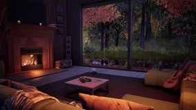 Cozy autumn atmosphere in a forest, modern house with a burning, warm fireplace and a view of the autumn, rainy forest. 3D animation background. - Powered by Shutterstock - Get 15% off with code: PIKWIZARD15