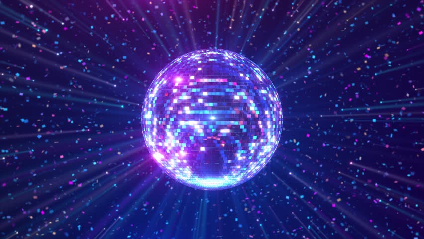 Disco Ball Reflected Moving Rays Rotating. Mirror3D disco ball in white light. Isolated disco ball on black background. Close-up. Mirror ball spinning indoors. Performance. The reflection of lights
