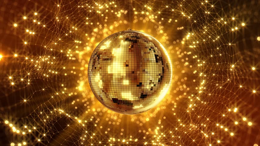 Golden glowing disco ball. Gold shiny disco ball disco mirror ball. sparkly gold . nightclub party background. 4K 3D photo. Disco, party, music, dancing, fun nightclub concept. colorful Sparkling