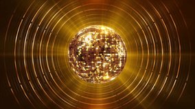 Golden disco ball reflecting sparkling lights rays round party atmosphere with bokeh effect 3D 4K Background animation. copy space. Dance party. mirror ball reflections, nightclub stage lights party - Powered by Shutterstock - Get 15% off with code: PIKWIZARD15