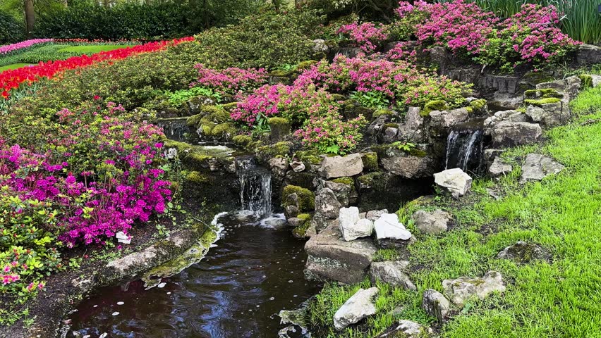 A beautifully serene garden scene featuring a collection of vibrant pink flowers and a peaceful, tranquil waterfall