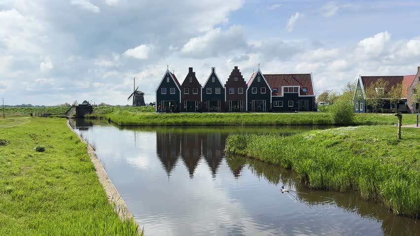 rural dutch country street of small old town Volendam, Netherlands