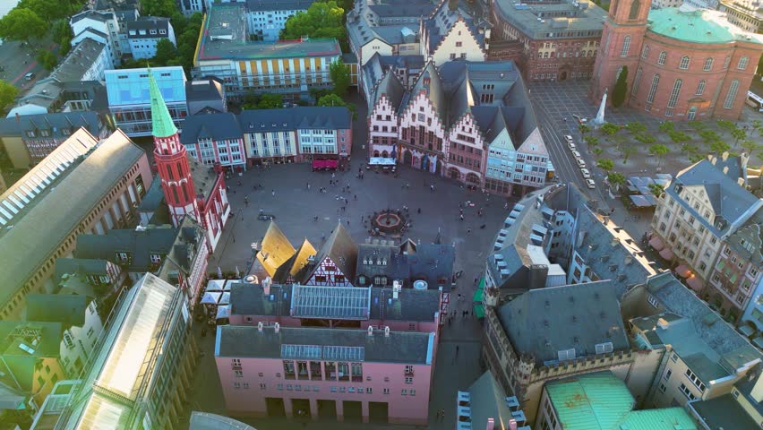 4K Drone Video of the Shoppers at the Römerberg Market Square in Downtown Frankfurt, Germany
