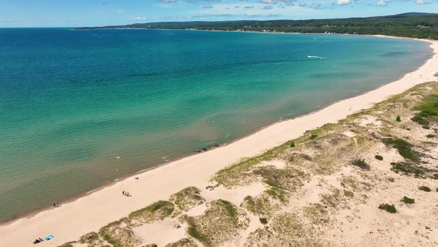 The soft sand of Michigan beaches from above in the state park.