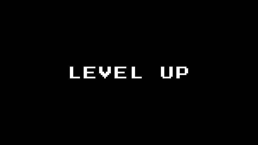 Retro glitch with Level Up text on black background. Console game screen. 4K video
