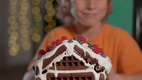 10 year old boy decorating gingerbread house with fresh berries at night. Holiday creativity, childhood joy and family Christmas traditions concept. Slowmotion video. - Powered by Shutterstock - Get 15% off with code: PIKWIZARD15