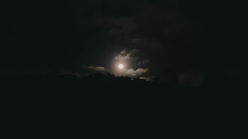 Clouds drifted gently in the night sky covering the Moon as it rose over the hills of Suwangi Island, shining behind the dark silhouettes of the trees, making the atmosphere feel calm and mysterious.