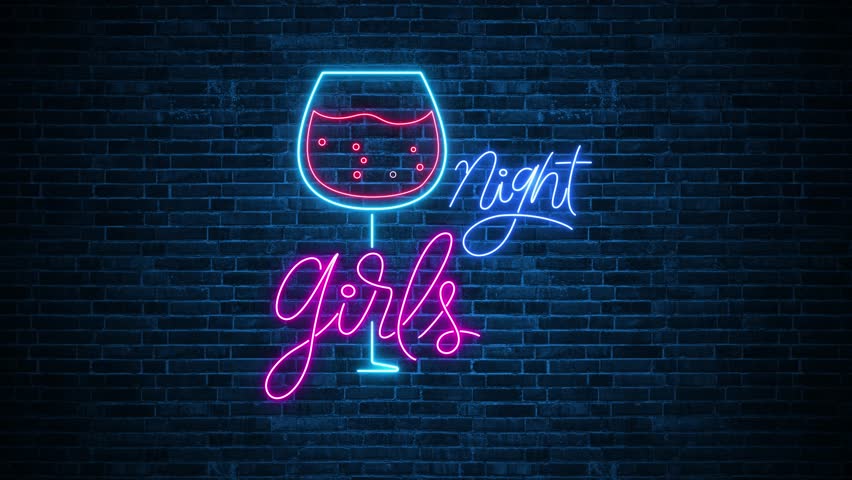 neon lights girls night party and wine signboard on brick wall background 4k animation