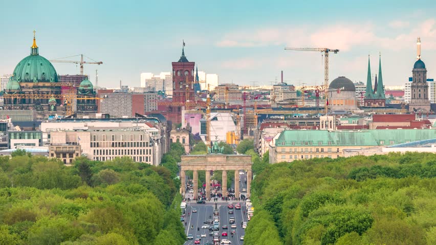 Berlin Germany time lapse high angle view city skyline at Brandenburg Gate and Tier Garden