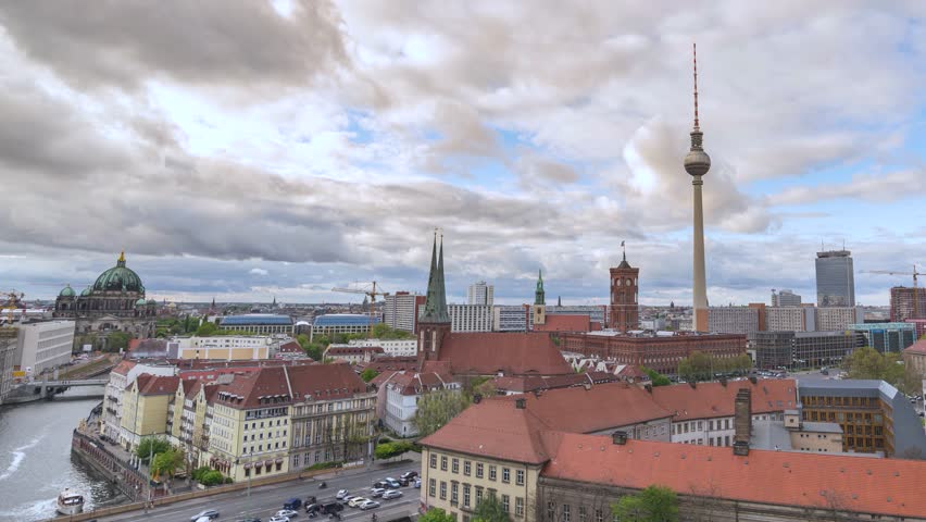 Berlin Germany time lapse city skyline at TV Tower and Spree River