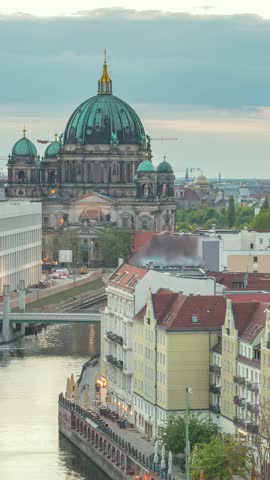 Berlin Germany time lapse high angle view day to night city skyline at Berlin Cathedral (Berliner Dom) (Vertical)