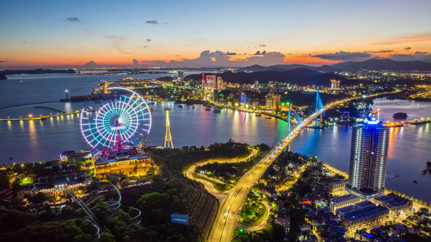 Hyperlapse of Halong city and traffic at twilight, Vietnam.