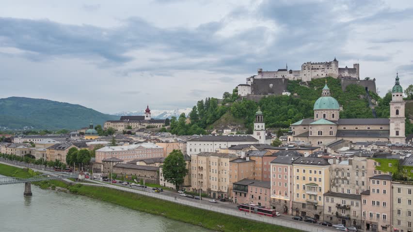 Salzburg Austria time lapse day to night city skyline at Fortress Hohensalzburg