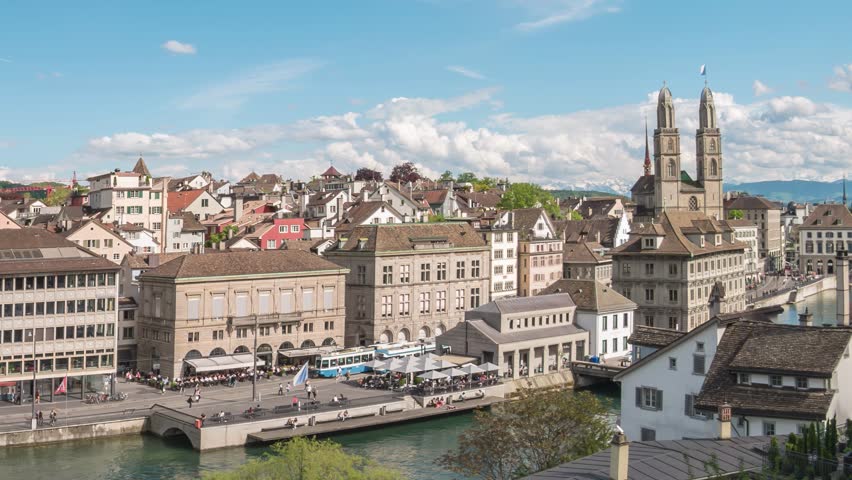 Zurich Switzerland time lapse high angle view city skyline from Lindenhof