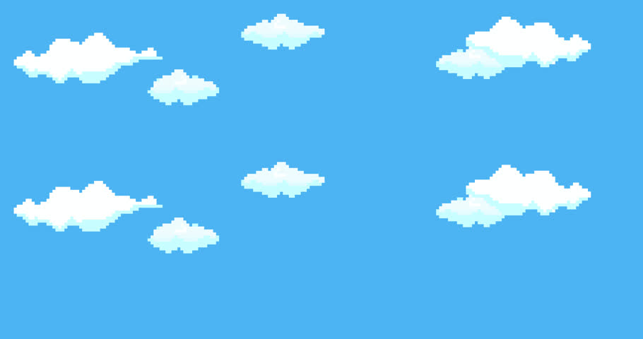 Blue sky with clouds. Pixel art game background. Design 8 bit video vector. Old school background for game.